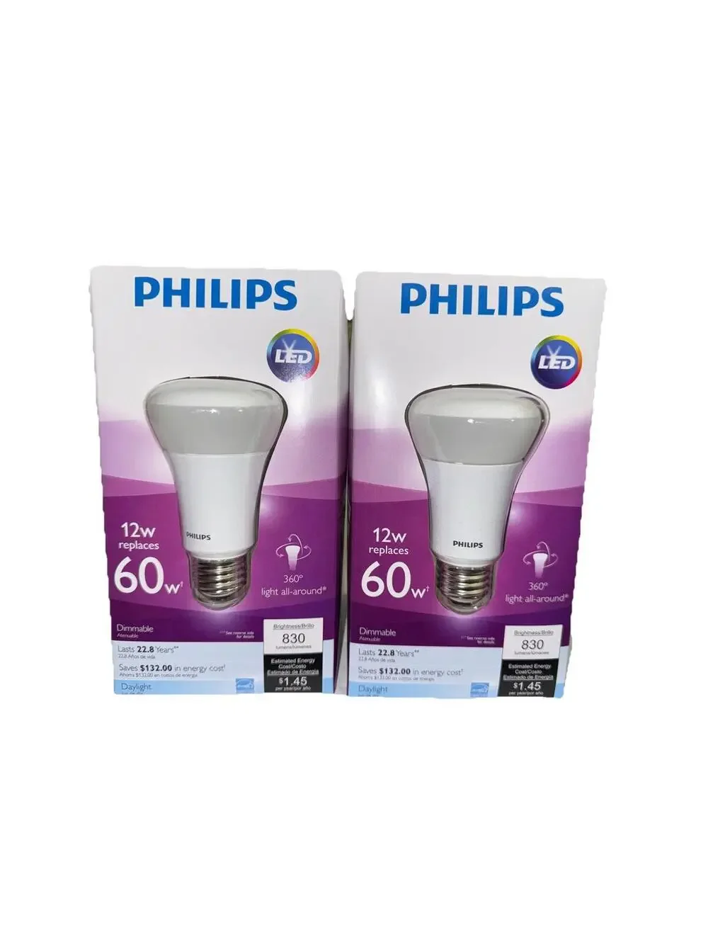 TWO (2) Philips LED 12W Replaces 60W Dimmable 830 Lumens Energy Saving